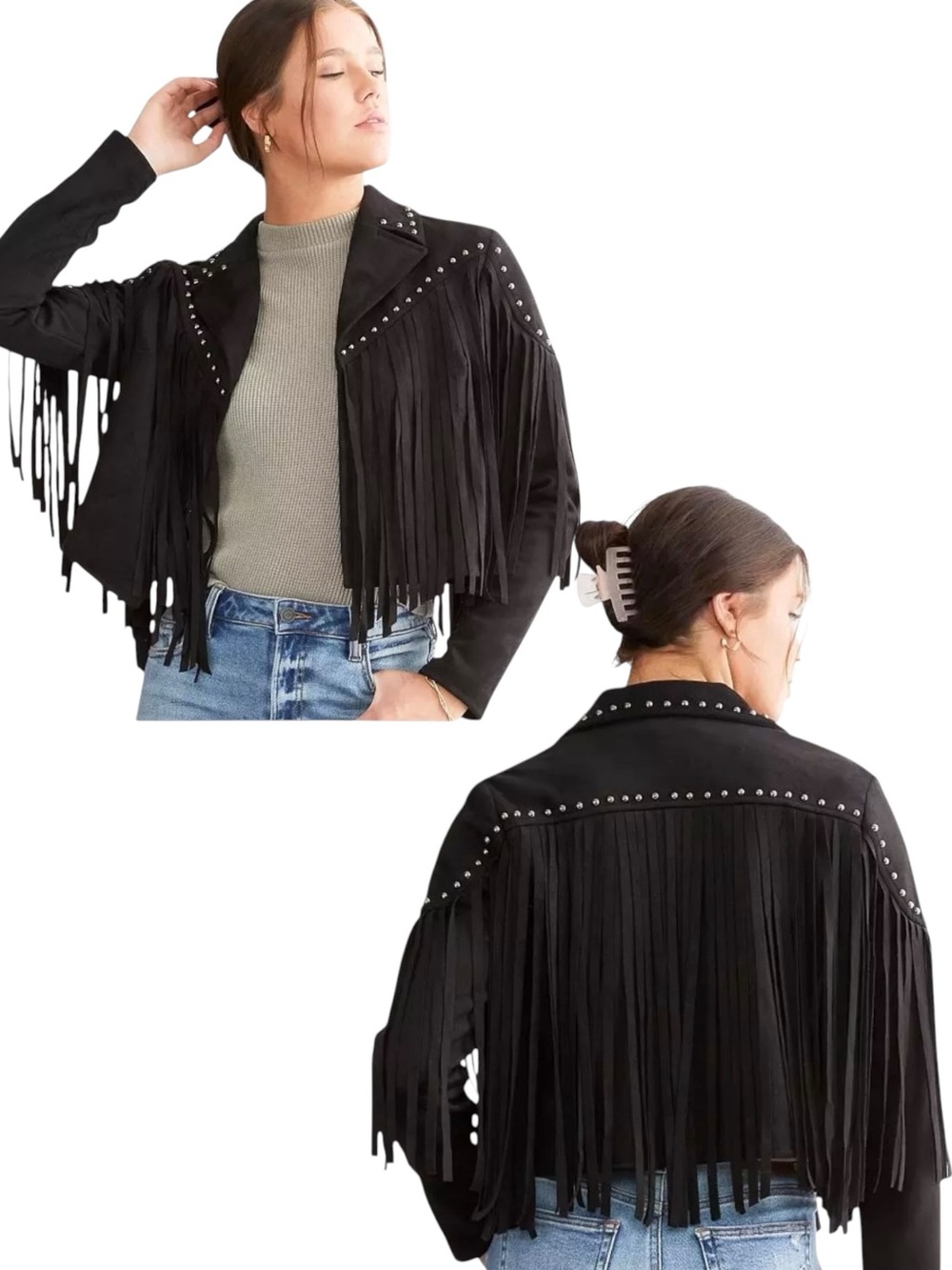 New blue b Black Faux Suede Fringe Silver Stud Western Flyaway Cropped Jacket